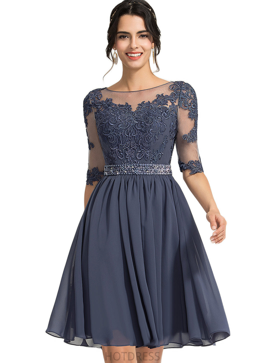 Alexus A-line Scoop Knee-Length Chiffon Lace Cocktail Dress With Beading HDOP0020951