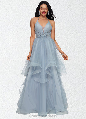 Viv Ball-Gown/Princess Halter V-Neck Floor-Length Tulle Prom Dresses With Beading Rhinestone Sequins HDOP0022199