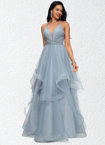 Viv Ball-Gown/Princess Halter V-Neck Floor-Length Tulle Prom Dresses With Beading Rhinestone Sequins HDOP0022199