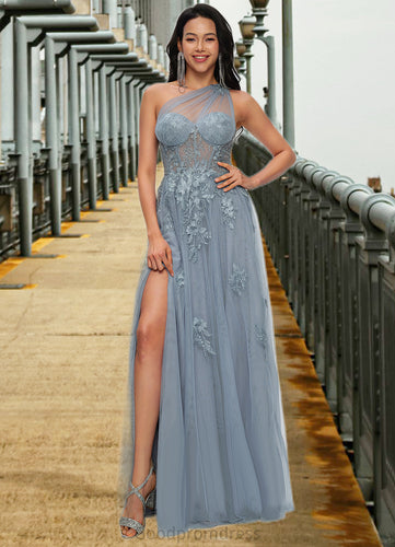 Meredith A-line One Shoulder Floor-Length Tulle Prom Dresses With Appliques Lace Sequins HDOP0022200