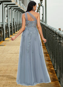 Meredith A-line One Shoulder Floor-Length Tulle Prom Dresses With Appliques Lace Sequins HDOP0022200