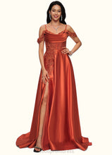 Load image into Gallery viewer, Mireya A-line Off the Shoulder Sweep Train Satin Prom Dresses With Rhinestone HDOP0022208