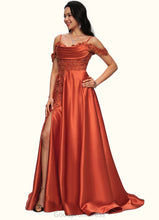 Load image into Gallery viewer, Mireya A-line Off the Shoulder Sweep Train Satin Prom Dresses With Rhinestone HDOP0022208