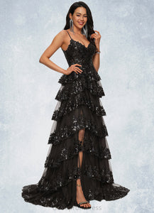 Kenya Ball-Gown/Princess V-Neck Sweep Train Lace Prom Dresses With Sequins HDOP0022209