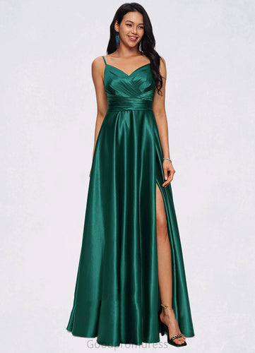 Deanna A-line V-Neck Floor-Length Stretch Satin Prom Dresses HDOP0022211