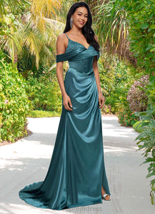 Keely Trumpet/Mermaid V-Neck Sweep Train Stretch Satin Prom Dresses With Beading Rhinestone Sequins HDOP0022213