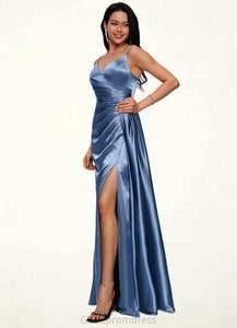 Kenzie Sheath/Column V-Neck Floor-Length Stretch Satin Prom Dresses With Pleated HDOP0022214