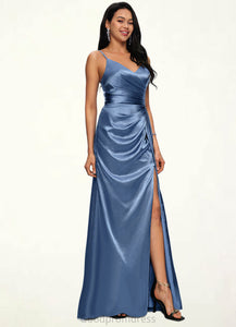Kenzie Sheath/Column V-Neck Floor-Length Stretch Satin Prom Dresses With Pleated HDOP0022214