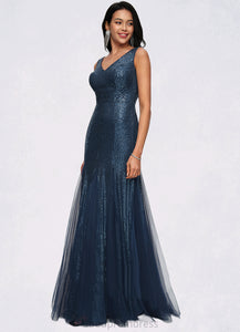 Aubrie Sheath/Column V-Neck Floor-Length Sequin Prom Dresses HDOP0022218
