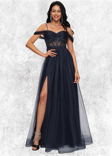 Nova Ball-Gown/Princess Off the Shoulder Floor-Length Tulle Prom Dresses With Appliques Lace Sequins HDOP0022221