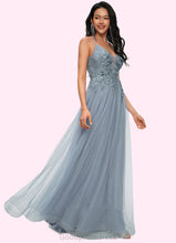 Load image into Gallery viewer, Janae A-line V-Neck Floor-Length Tulle Prom Dresses With Appliques Lace Sequins HDOP0022223
