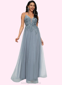 Janae A-line V-Neck Floor-Length Tulle Prom Dresses With Appliques Lace Sequins HDOP0022223