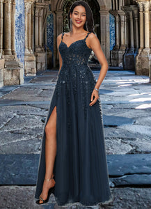 Ryann A-line V-Neck Floor-Length Tulle Prom Dresses With Sequins HDOP0022224