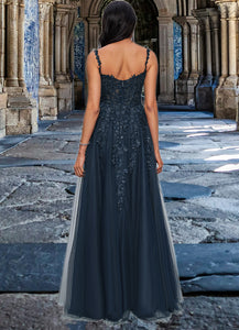Ryann A-line V-Neck Floor-Length Tulle Prom Dresses With Sequins HDOP0022224