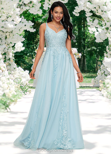Brisa A-line V-Neck Floor-Length Tulle Prom Dresses With Rhinestone Appliques Lace Sequins HDOP0022225
