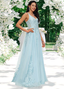 Brisa A-line V-Neck Floor-Length Tulle Prom Dresses With Rhinestone Appliques Lace Sequins HDOP0022225