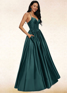 Kaya Ball-Gown/Princess V-Neck Floor-Length Satin Prom Dresses With Pleated HDOP0022230