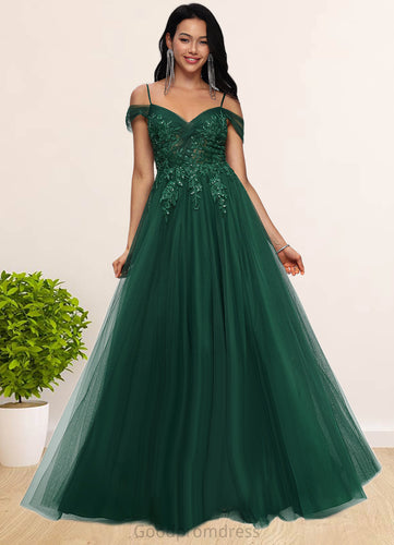 Kiera A-line Off the Shoulder Floor-Length Tulle Prom Dresses With Appliques Lace Sequins HDOP0022231