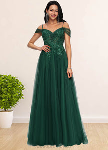 Kiera A-line Off the Shoulder Floor-Length Tulle Prom Dresses With Appliques Lace Sequins HDOP0022231