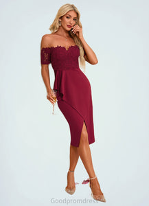 Samantha Flower Ruffle Off the Shoulder Elegant Sheath/Column Lace Polyester Asymmetrical Dresses HDOP0022276