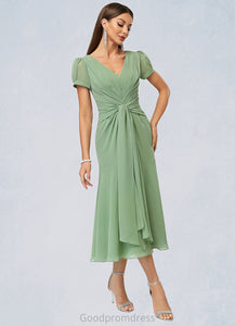 Arely Trumpet/Mermaid V-Neck Tea-Length Chiffon Cocktail Dress With Pleated HDOP0022315