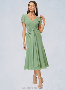 Arely Trumpet/Mermaid V-Neck Tea-Length Chiffon Cocktail Dress With Pleated HDOP0022315