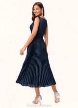 Load image into Gallery viewer, Esmeralda A-line V-Neck Tea-Length Silky Satin Cocktail Dress With Pleated Ruffle HDOP0022341
