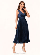 Load image into Gallery viewer, Esmeralda A-line V-Neck Tea-Length Silky Satin Cocktail Dress With Pleated Ruffle HDOP0022341