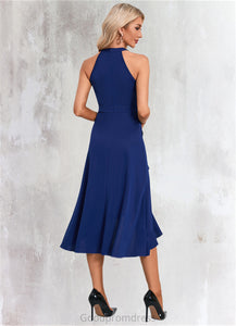 Ayana Cascading Ruffles High Neck Elegant A-line Cotton Blends Asymmetrical Midi Dresses HDOP0022353