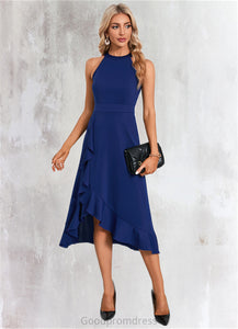 Ayana Cascading Ruffles High Neck Elegant A-line Cotton Blends Asymmetrical Midi Dresses HDOP0022353