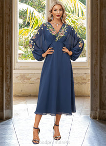 Eileen A-line V-Neck Tea-Length Chiffon Lace Evening Dress HDOP0022357