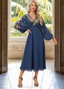 Eileen A-line V-Neck Tea-Length Chiffon Lace Evening Dress HDOP0022357