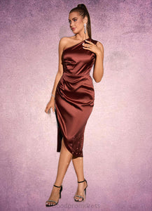 Louise Ruffle One Shoulder Elegant Sheath/Column Satin Midi Dresses HDOP0022363