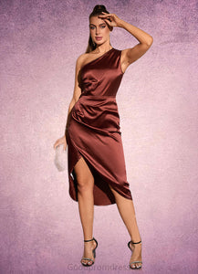 Louise Ruffle One Shoulder Elegant Sheath/Column Satin Midi Dresses HDOP0022363