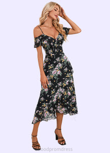 Kimberly Floral Print Cold Shoulder Elegant A-line Chiffon Asymmetrical Dresses HDOP0022369