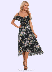 Kimberly Floral Print Cold Shoulder Elegant A-line Chiffon Asymmetrical Dresses HDOP0022369