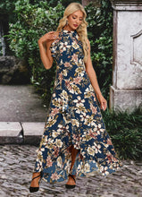 Load image into Gallery viewer, Mckenna Ruffle Floral Print High Neck Elegant A-line Polyester Asymmetrical Dresses HDOP0022373