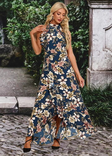 Mckenna Ruffle Floral Print High Neck Elegant A-line Polyester Asymmetrical Dresses HDOP0022373