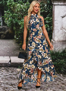 Mckenna Ruffle Floral Print High Neck Elegant A-line Polyester Asymmetrical Dresses HDOP0022373