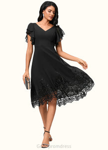 Willa A-line V-Neck Asymmetrical Chiffon Lace Cocktail Dress With Sequins HDOP0022377