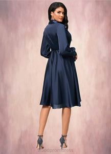 Elsa A-line V-Neck Asymmetrical Silky Satin Cocktail Dress With Bow HDOP0022385