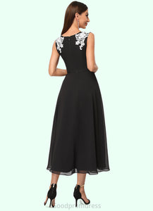 Donna A-line V-Neck Tea-Length Chiffon Lace Cocktail Dress With Appliques Lace HDOP0022387