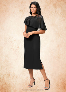 June Sheath/Column Scoop Tea-Length Chiffon Cocktail Dress With Appliques Lace HDOP0022388