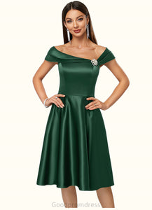Brianna A-line Asymmetrical Knee-Length Satin Cocktail Dress With Rhinestone Crystal Brooch HDOP0022407