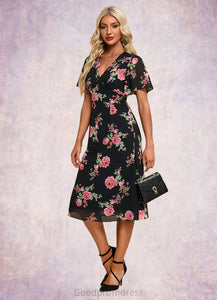 Jasmin Floral Print V-Neck Elegant A-line Chiffon Midi Dresses HDOP0022424