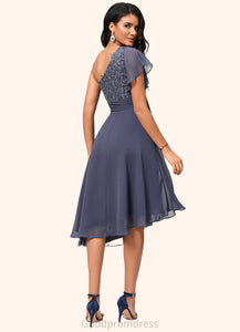 Tanya A-line One Shoulder Tea-Length Chiffon Cocktail Dress With Ruffle HDOP0022428