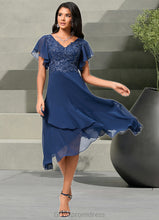 Load image into Gallery viewer, Sally A-line V-Neck Tea-Length Chiffon Lace Cocktail Dress With Cascading Ruffles HDOP0022430