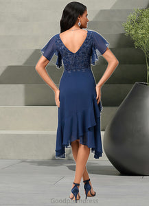 Sally A-line V-Neck Tea-Length Chiffon Lace Cocktail Dress With Cascading Ruffles HDOP0022430
