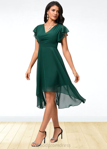 Everly A-line V-Neck Asymmetrical Chiffon Cocktail Dress With Ruffle HDOP0022459