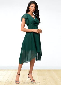 Everly A-line V-Neck Asymmetrical Chiffon Cocktail Dress With Ruffle HDOP0022459